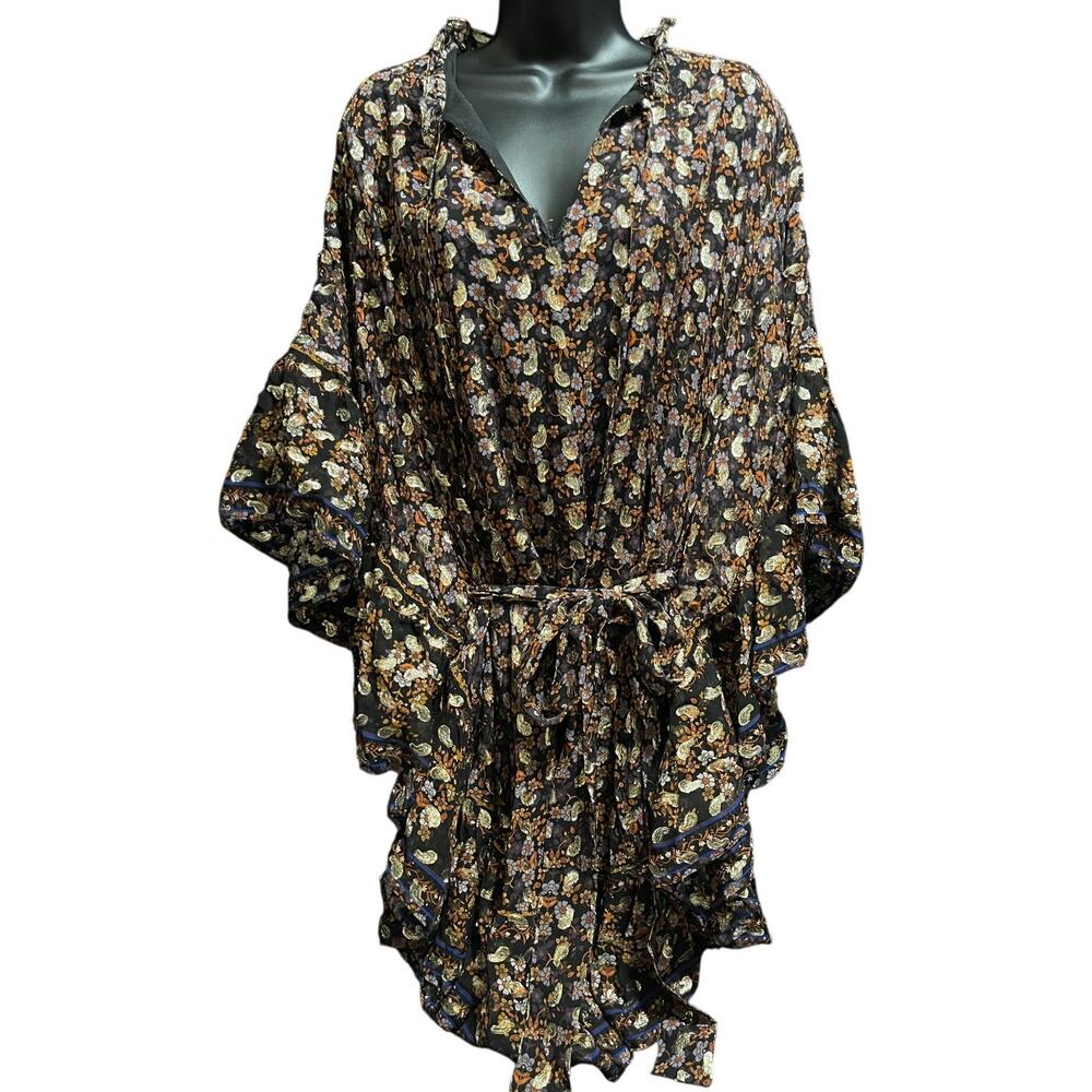 Kobi Halperin Black Floral Print Mini Dress with Brown and Cream